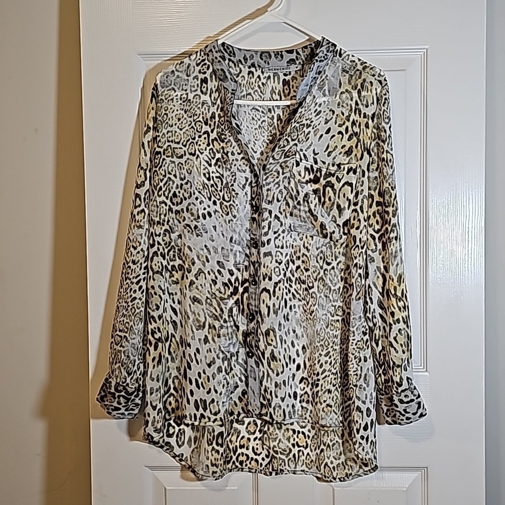 Mesmerize Sheer Animal Print One Pocket Blouse Roll Up Sleeve Size M